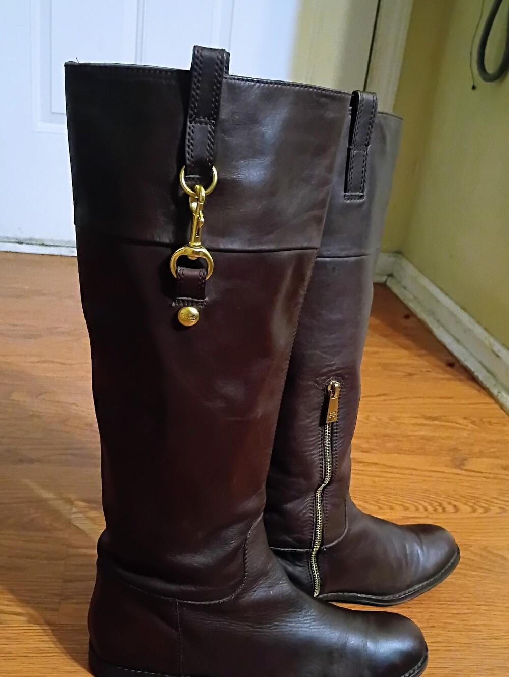 Coach Dark Brown Leather Tall Riding Boots with Gold Hardware